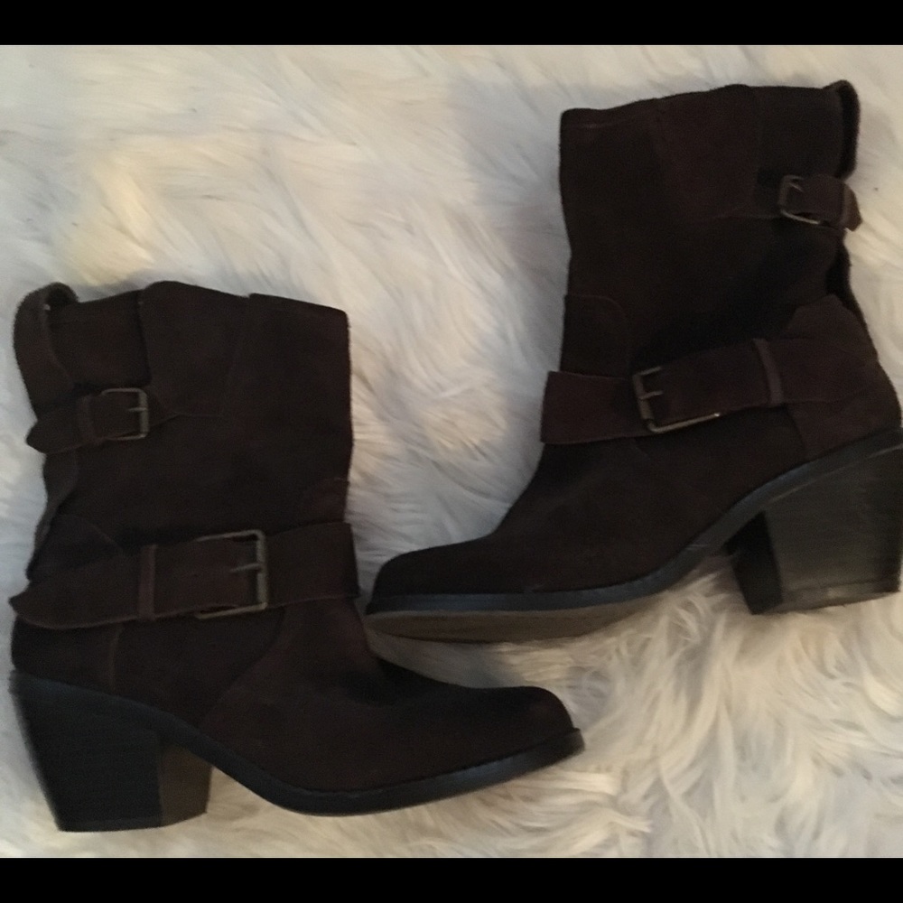 Cute suede chocolate ankle boots with buckles.